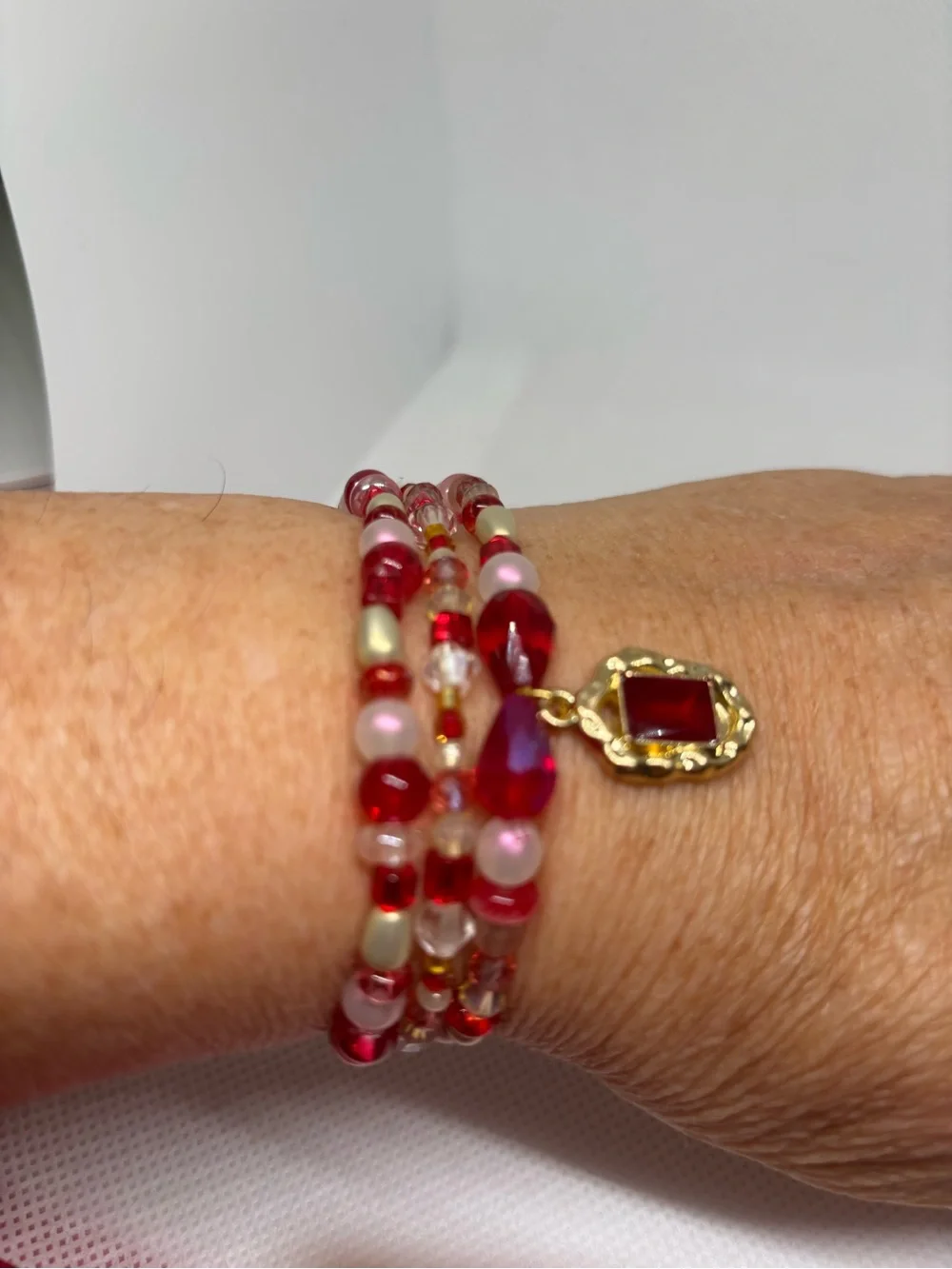 Red and gold premium glass Beaded Stretch Bracelet Set with Gold Charm